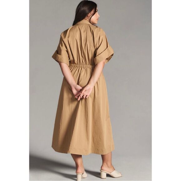 NEW Anthropologie Maeve Taupe Utility Gathered Maxi Shirt Dress Large Petite - Picture 8 of 10